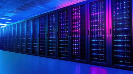 Poster - Operators in an advanced data center surrounded by LEDlit servers, Engineer, System Maintenance, Efficient tech management
