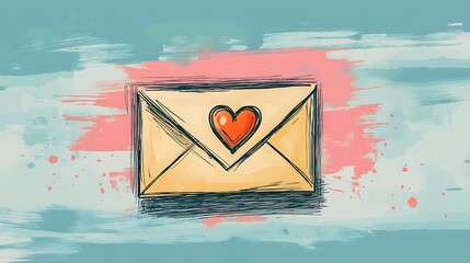 Fototapete - Line drawing of a love letter with a small heart seal, set on a pastel background 