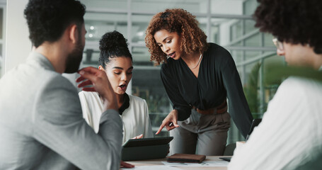 Poster - Business people, tablet and planning in meeting, teamwork and conversation with internet. Sales agency, group and employees with tech, social media or company website with discussion or brainstorming