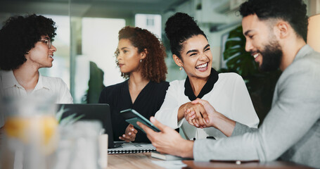 Poster - Handshake, laughing and tablet with business people in office for agreement, achievement or deal. Funny, thank you and web development with employee team shaking hands in workplace for planning