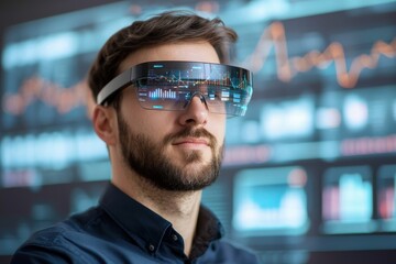 Poster - Innovative technology event showcasing smart glasses modern office digital display professional setting futuristic concept