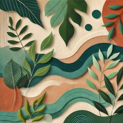 Fototapete - A calming nature-inspired graphic design featuring lush green leaves, flowing water patterns, and earthy tones like terracotta and deep forest green. The composition includes organic shapes.