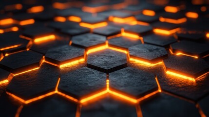 Fototapete - Futuristic Black Hexagon Wall with Orange Backlighting in Modern Digital Art Style