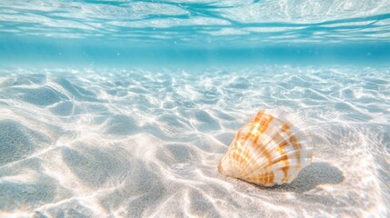 Poster - A seashell nestled on a sandy ocean floor under clear water illuminates the vibrant marine environment during daylight