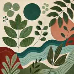 Fototapete - A calming nature-inspired graphic design featuring lush green leaves, flowing water patterns, and earthy tones like terracotta and deep forest green. The composition includes organic shapes.