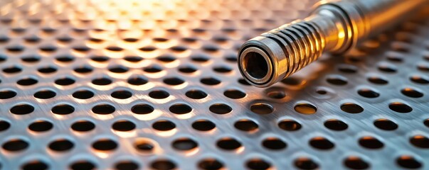 Poster - Close-up of a metallic component on a perforated surface with warm lighting.