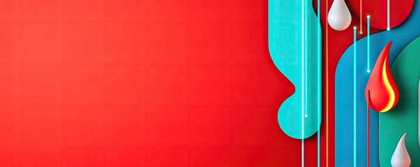 Poster - Vibrant abstract design with multicolor shapes and dynamic elements on a red background.