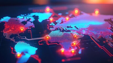Poster - A digital world map showcasing network connections and glowing markers.