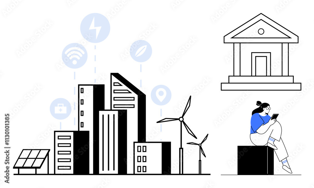 View of Modern cityscape with skyscrapers, wind turbines, solar panels, and ...