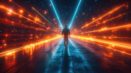 Poster - Futuristic Neon Light Cyberpunk Scene with Reflective Ground and Speed Elements