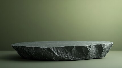 Poster - A jagged slate podium with clean, sharp lines and a smooth surface, on a muted olive background