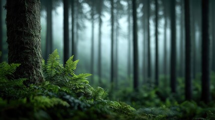 Aufkleber - Mysterious forest scene with lush ferns and tall trees, enveloped in soft misty light.