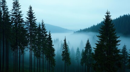 Poster - Misty forest landscape with tall trees, creating a serene and tranquil atmosphere.