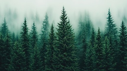 Poster - Misty forest landscape with towering evergreen trees in a serene, tranquil setting.