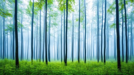 Poster - A serene forest landscape shrouded in mist, showcasing tall trees and lush greenery.