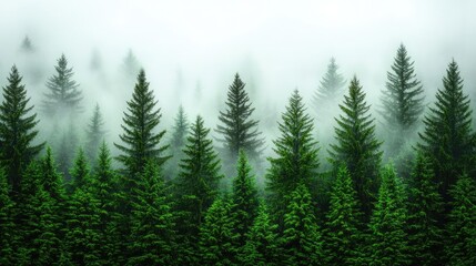 Poster - Dense evergreen forest shrouded in mist, creating a serene and tranquil atmosphere.