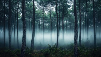 Poster - Mysterious forest shrouded in fog, showcasing tall trees and a serene atmosphere.