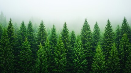 Poster - A serene forest scene shrouded in mist, showcasing lush green pine trees.