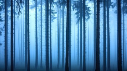 Poster - Mysterious blue forest with tall trees shrouded in fog, creating a serene atmosphere.