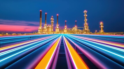 Aufkleber - Vibrant oil refinery at dusk with illuminated pipes and skyline, showcasing modern industry.