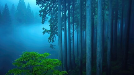 Poster - A serene forest landscape shrouded in mist, showcasing tall trees and lush greenery.