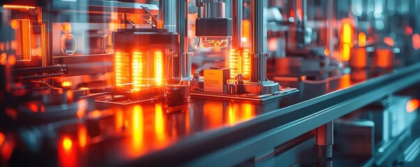 Aufkleber - High-tech industrial machinery in a modern production environment with glowing lights.