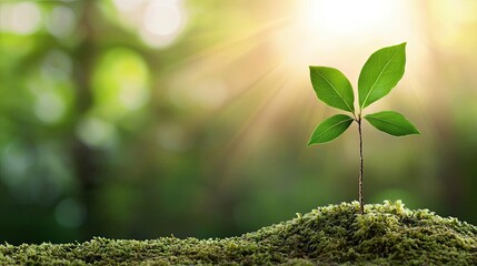 Poster - A young plant grows on a mossy ground, illuminated by warm sunlight shining through leaves.