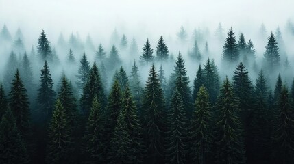 Poster - Misty forest landscape with tall pine trees surrounded by dense fog and natural beauty.