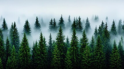 Poster - A serene forest landscape enveloped in a mystical fog, showcasing lush green coniferous trees.