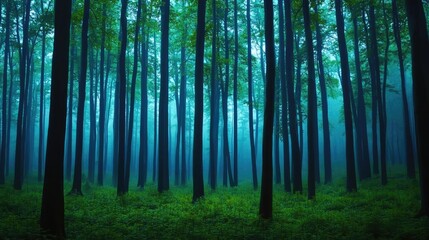 Poster - A serene forest landscape with tall trees and mist creating a tranquil atmosphere.
