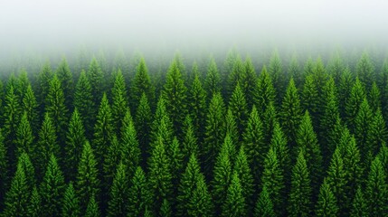 Poster - Aerial view of lush green pine trees shrouded in a soft morning mist.
