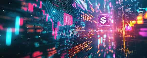 Aufkleber - Currency value idea. Futuristic digital interface with colorful graphs and financial symbols.
