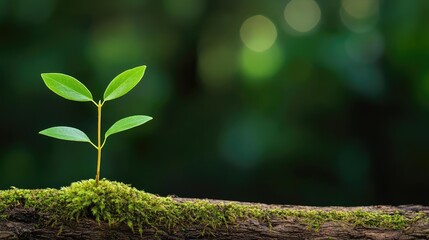 Poster - A vibrant young plant sprouting from a mossy log in a lush green environment.
