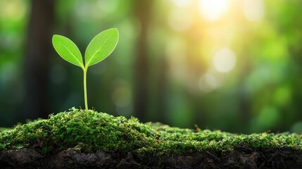 Poster - A fresh sprout emerging from lush green moss under soft sunlight.