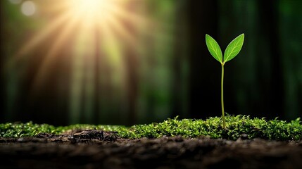 Poster - A singular green sprout emerging from lush moss in a sunlit forest setting.