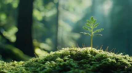 Poster - A young fern sprout emerging from lush green moss in a serene forest environment.