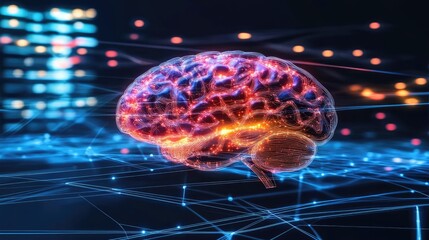 Poster - Vibrant Digital Brain Illustration on Futuristic Background