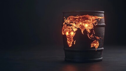 Poster - Oil petroleum concept. A glowing world map on a barrel symbolizes energy and environmental awareness.