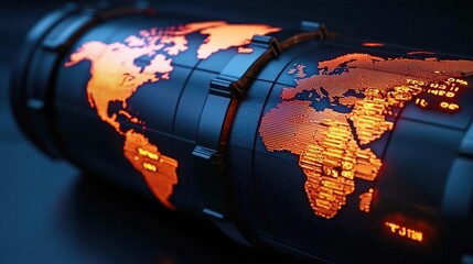 Poster - Oil petroleum concept. Futuristic world map projection on a sleek cylindrical surface.