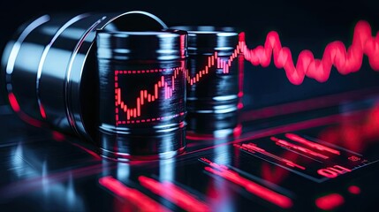 Poster - Oil petroleum concept. High-tech oil barrels with digital graphs indicating market trends and fluctuations.