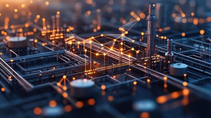 Poster - Oil petroleum concept. Aerial view of industrial pipelines with glowing connections, showcasing modern technology.