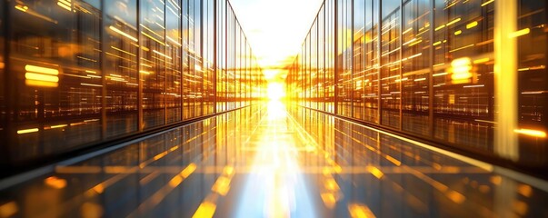 Poster - Solar sustainability idea. Modern glass corridor illuminated by vibrant sunset rays, showcasing urban design.