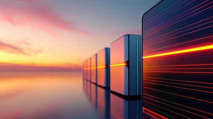 Poster - Solar sustainability idea. Futuristic data servers illuminated by a vibrant sunset reflection on a tranquil surface.