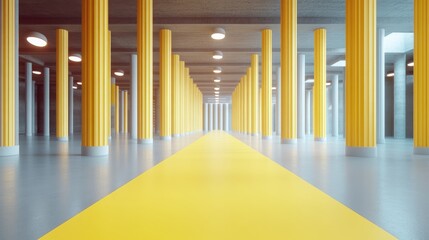 Poster - Modern Interior Hallway with Yellow Columns and Pathway Design