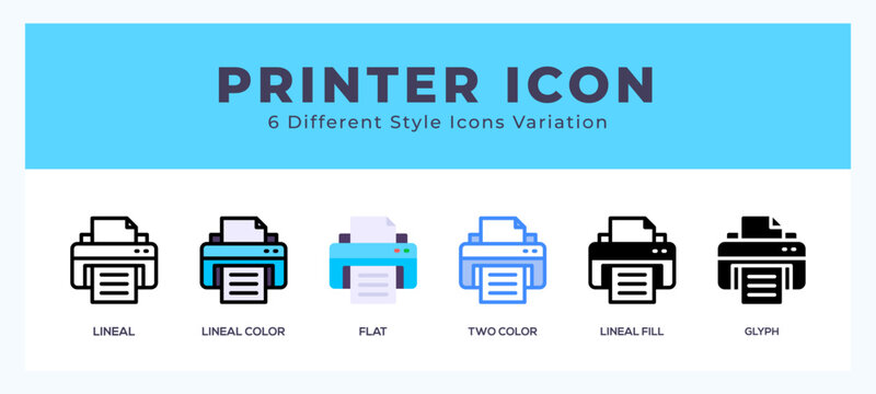 Printer icon set. outline. glyph black. flat color and filled line color