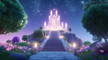 Wall Mural - A castle with a long staircase leading up to it. The castle is surrounded by a lush green garden with flowers and trees. The sky is dark and the stars are shining brightly