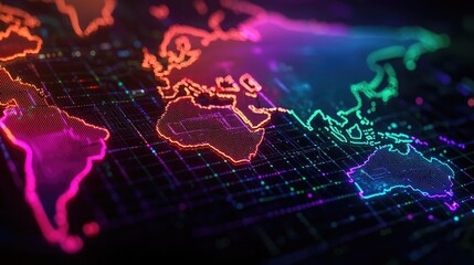 Poster - Map atlas idea. Vibrant digital world map with neon colors showcasing global connectivity.