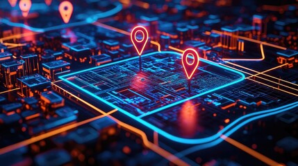 Aufkleber - Map atlas idea. A digital map with glowing pins, showcasing modern navigation and urban planning.