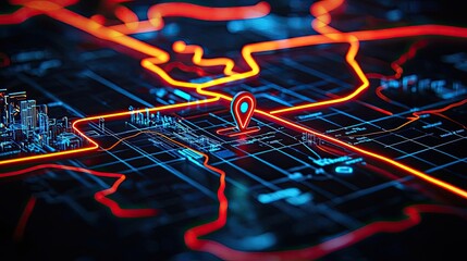 Poster - Map atlas idea. Detailed digital map with glowing lines and location pin for navigation.