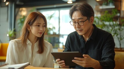 Aufkleber - Two business professionals engage in a thoughtful conversation while reviewing a digital presentation on a tablet in a stylish office filled with greenery